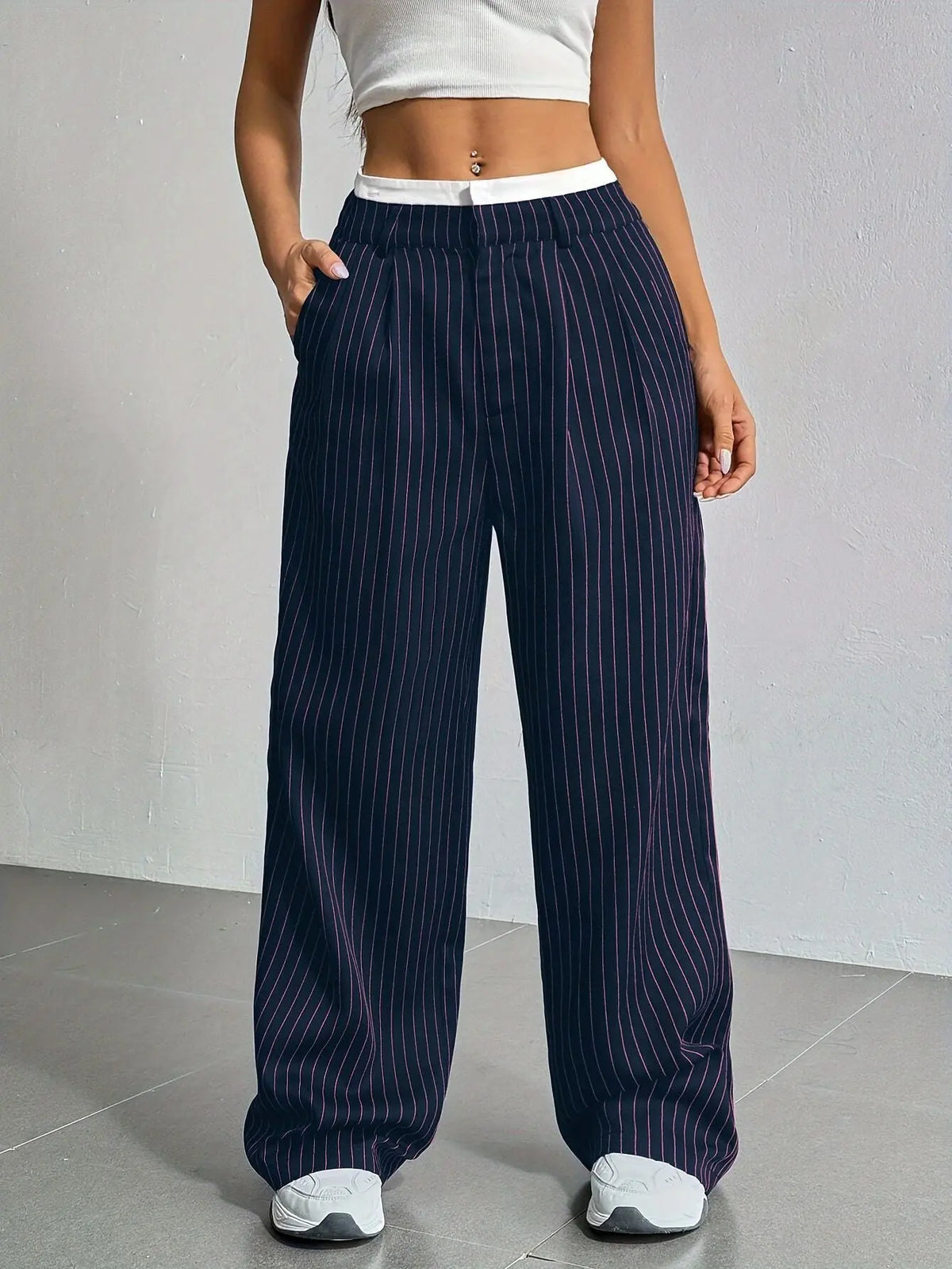 2025 Spring and Summer New Cross-border Design Sense Pants Casual High Waist Stitching Pants Simple Dosing Sense Loose Straight Leg Pants - HONORABLE VETERANS SOLUTIONS