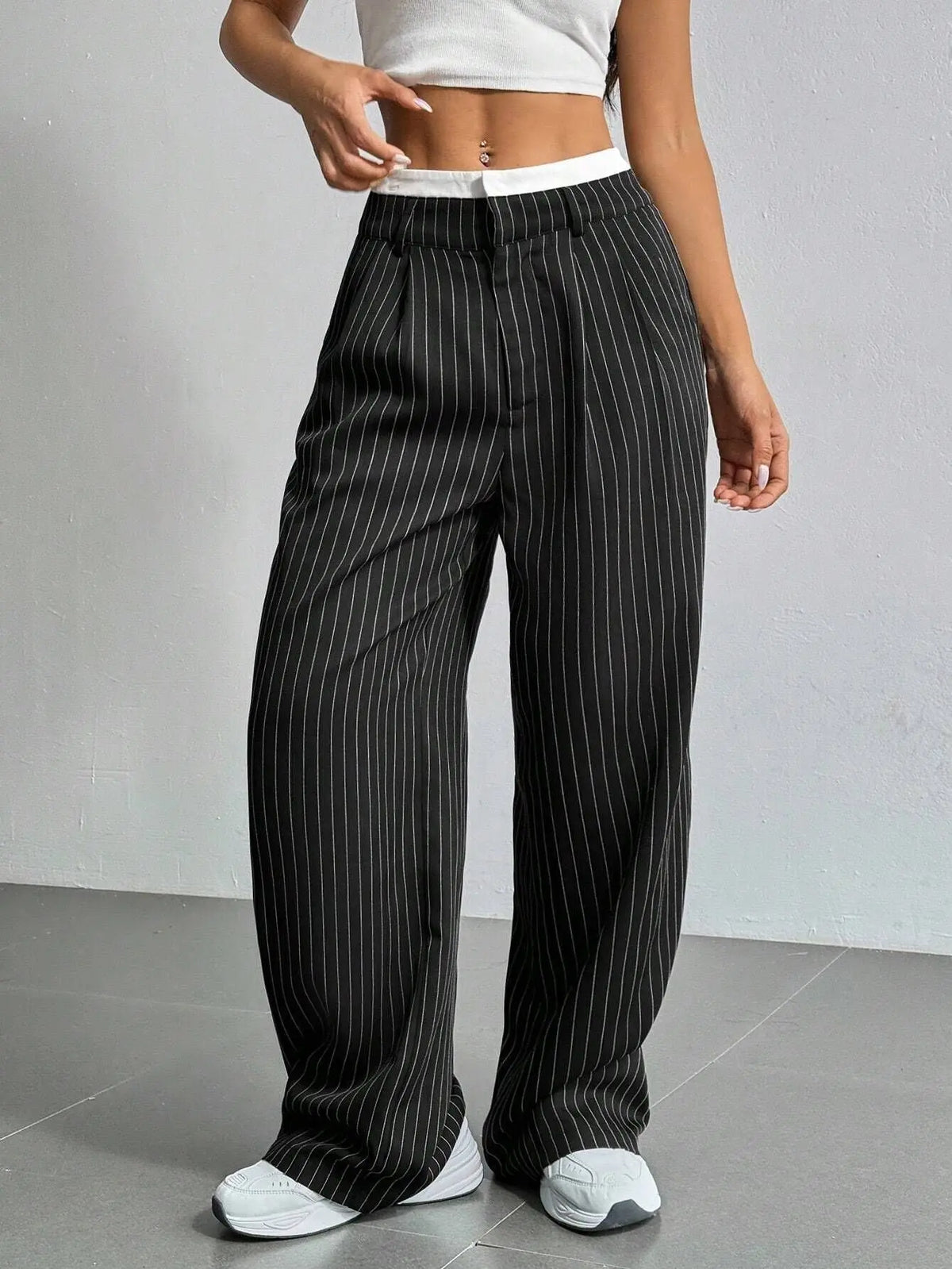 2025 Spring and Summer New Cross-border Design Sense Pants Casual High Waist Stitching Pants Simple Dosing Sense Loose Straight Leg Pants - HONORABLE VETERANS SOLUTIONS