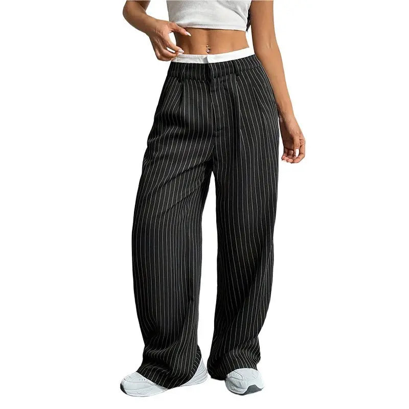 2025 Spring and Summer New Cross-border Design Sense Pants Casual High Waist Stitching Pants Simple Dosing Sense Loose Straight Leg Pants - HONORABLE VETERANS SOLUTIONS
