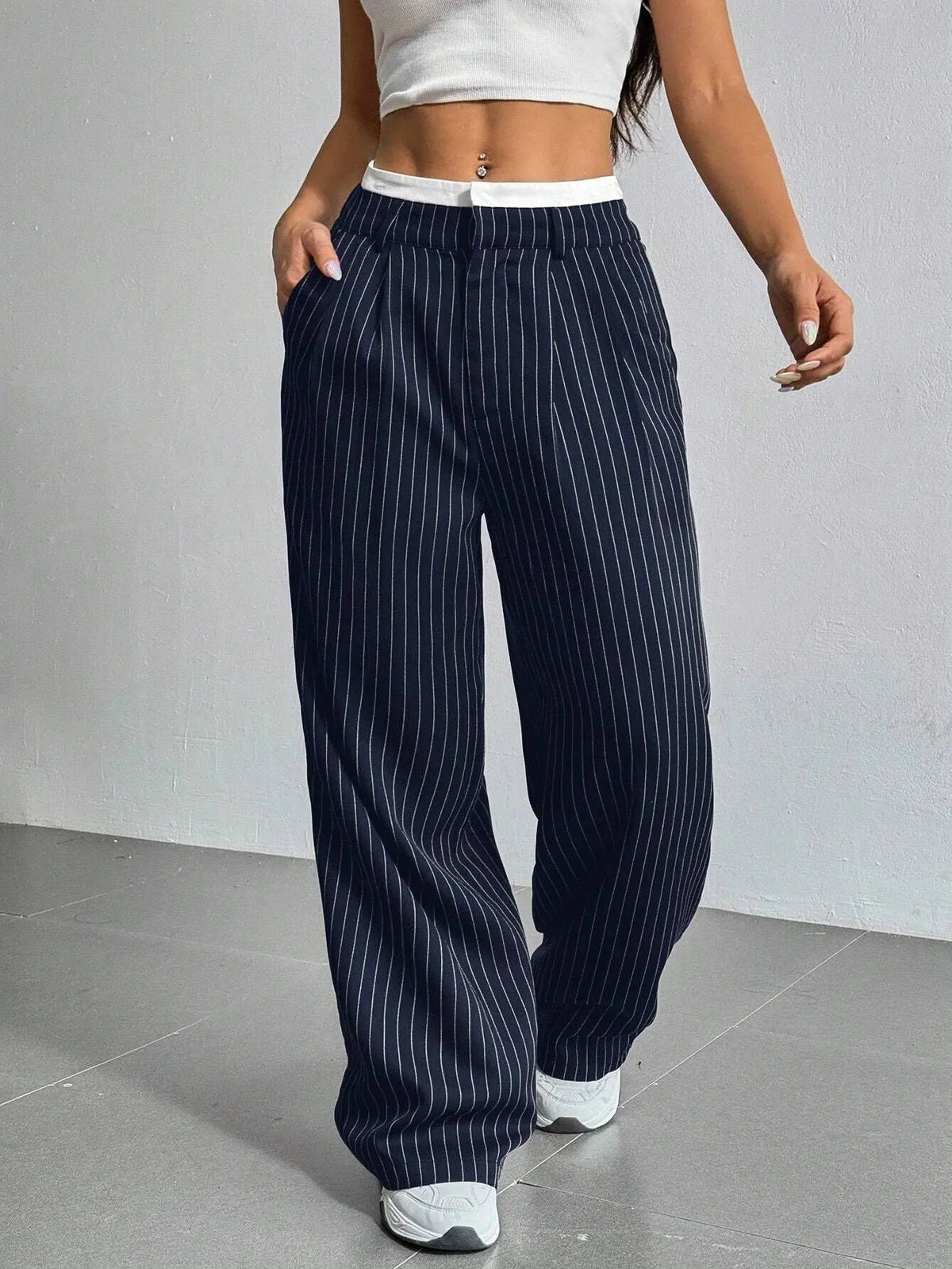 2025 Spring and Summer New Cross-border Design Sense Pants Casual High Waist Stitching Pants Simple Dosing Sense Loose Straight Leg Pants - HONORABLE VETERANS SOLUTIONS