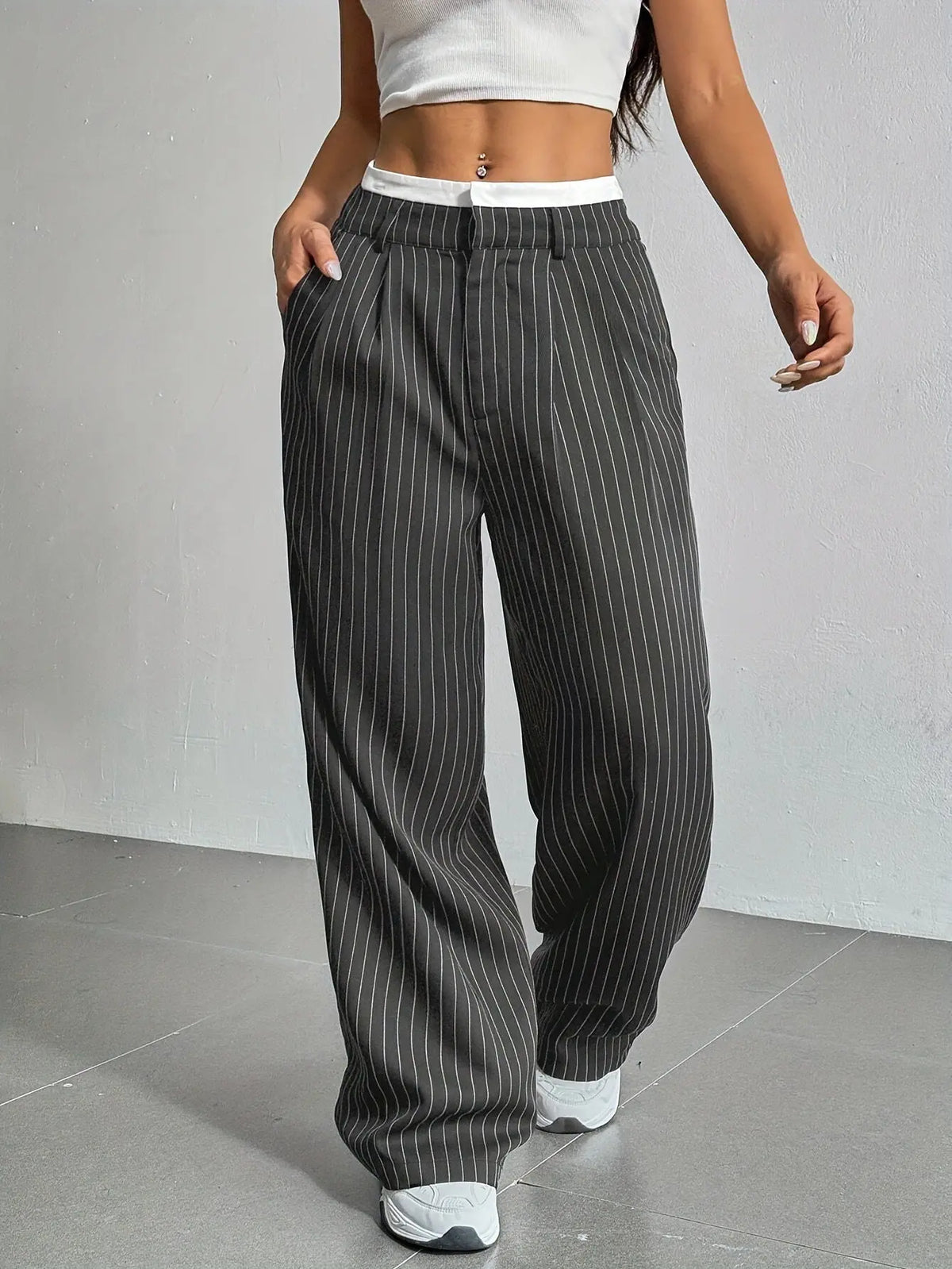 2025 Spring and Summer New Cross-border Design Sense Pants Casual High Waist Stitching Pants Simple Dosing Sense Loose Straight Leg Pants - HONORABLE VETERANS SOLUTIONS