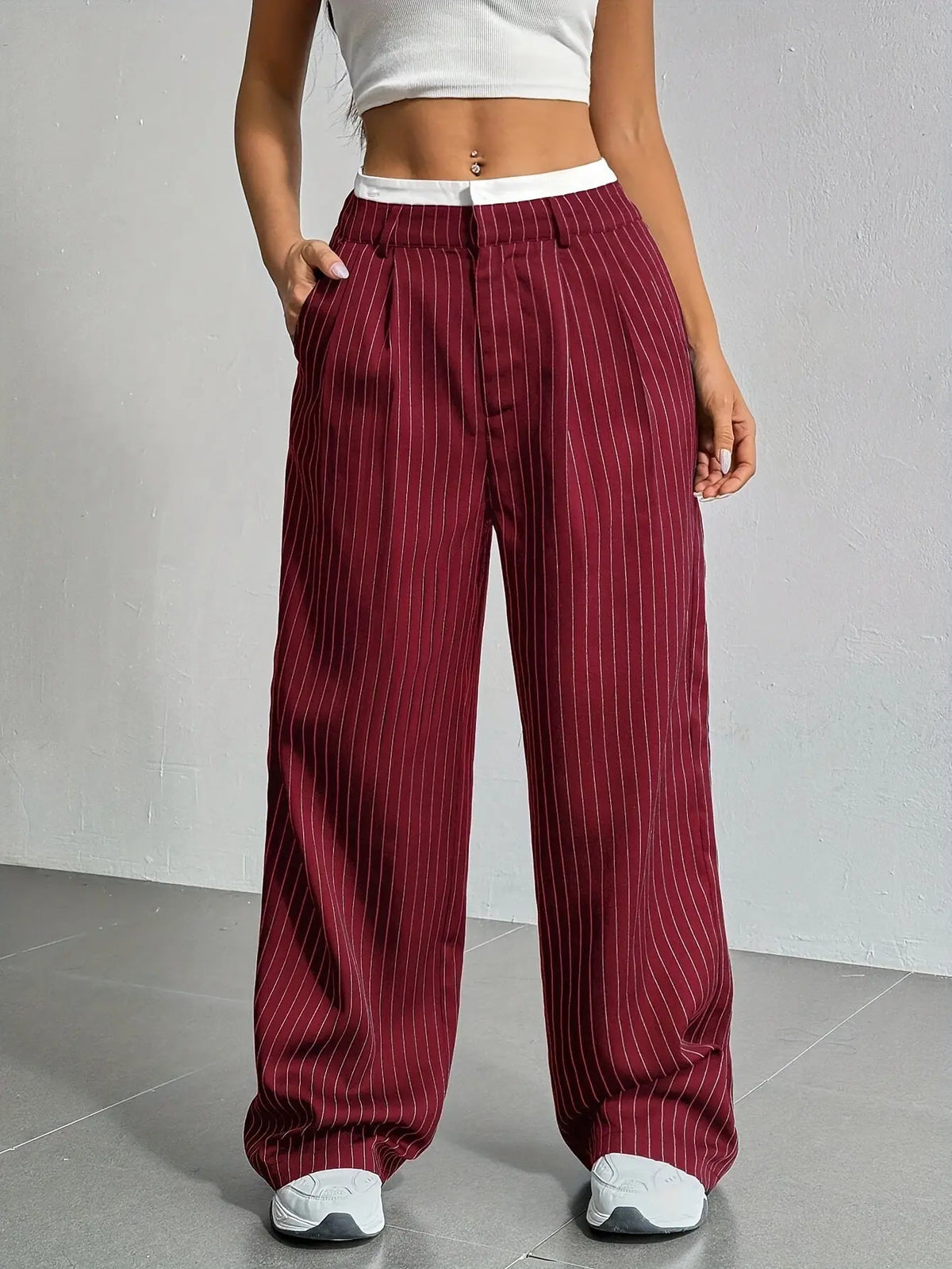 2025 Spring and Summer New Cross-border Design Sense Pants Casual High Waist Stitching Pants Simple Dosing Sense Loose Straight Leg Pants - HONORABLE VETERANS SOLUTIONS