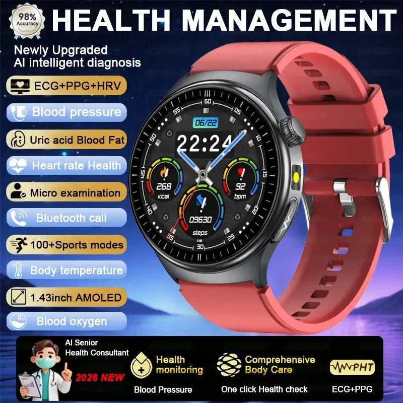 2026 Fashion New Expert level Health Smart Watch Men ECG+PPG Laser Monitor Uric Acid Blood Fat Blood Pressure HD Call Smartwatch - HONORABLE VETERANS SOLUTIONS