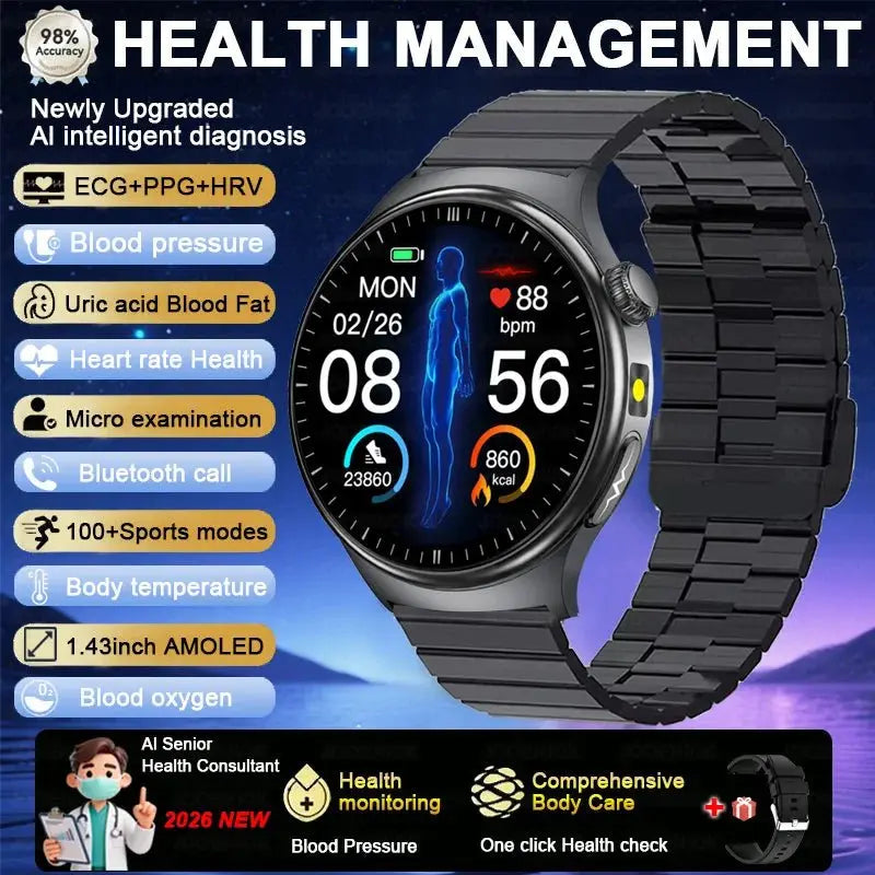 2026 Fashion New Expert level Health Smart Watch Men ECG+PPG Laser Monitor Uric Acid Blood Fat Blood Pressure HD Call Smartwatch - HONORABLE VETERANS SOLUTIONS