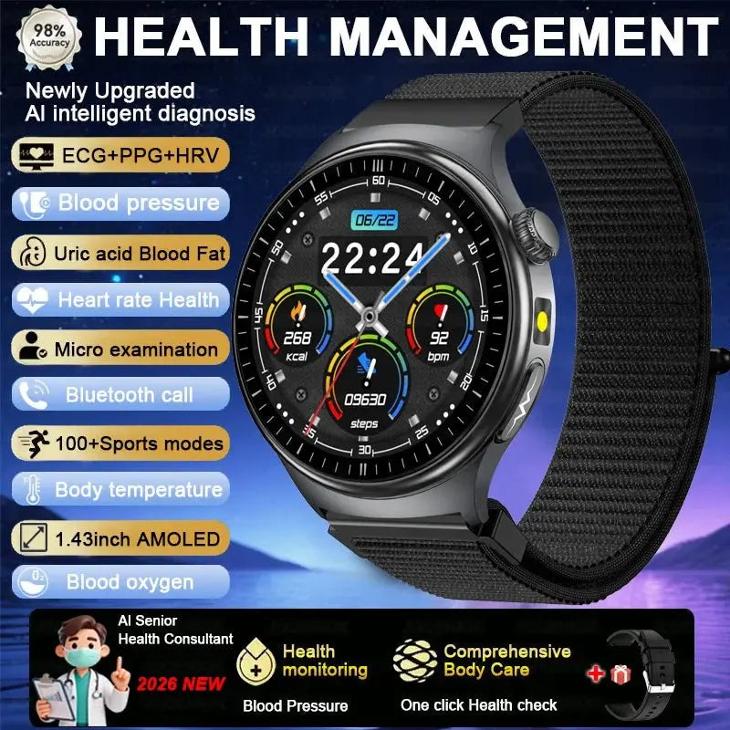 2026 Fashion New Expert level Health Smart Watch Men ECG+PPG Laser Monitor Uric Acid Blood Fat Blood Pressure HD Call Smartwatch - HONORABLE VETERANS SOLUTIONS