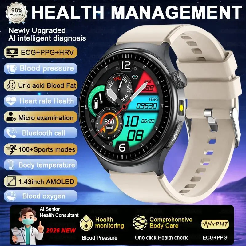 2026 Fashion New Expert level Health Smart Watch Men ECG+PPG Laser Monitor Uric Acid Blood Fat Blood Pressure HD Call Smartwatch - HONORABLE VETERANS SOLUTIONS