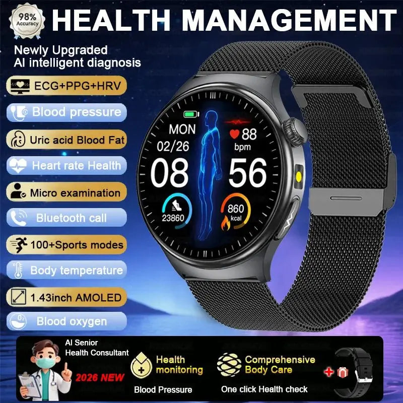 2026 Fashion New Expert level Health Smart Watch Men ECG+PPG Laser Monitor Uric Acid Blood Fat Blood Pressure HD Call Smartwatch - HONORABLE VETERANS SOLUTIONS