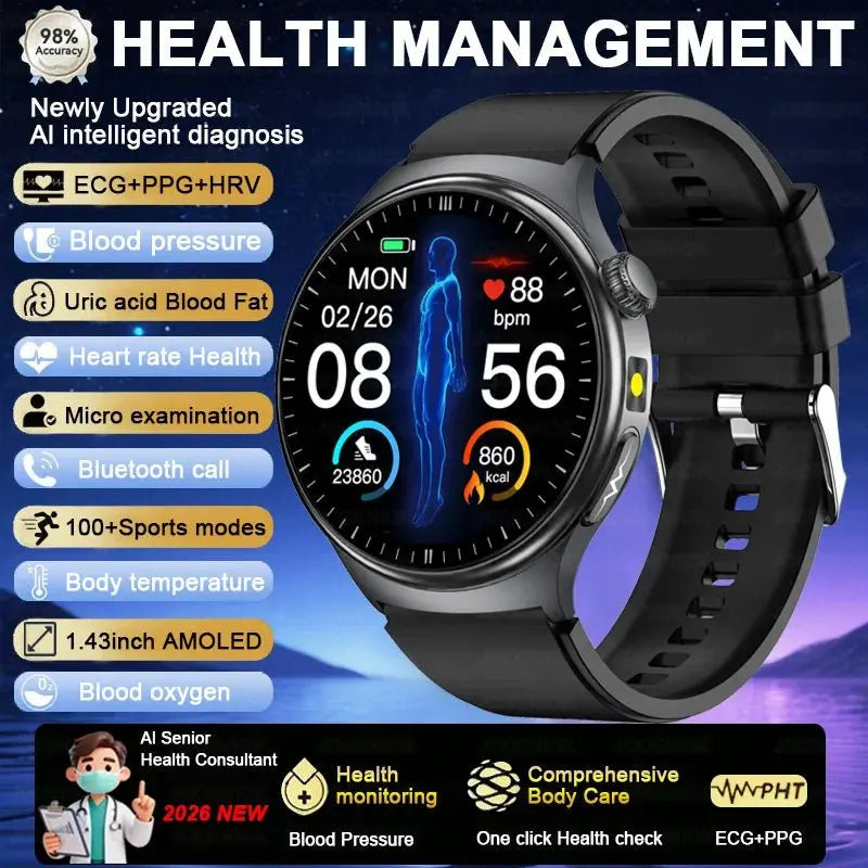 2026 Fashion New Expert level Health Smart Watch Men ECG+PPG Laser Monitor Uric Acid Blood Fat Blood Pressure HD Call Smartwatch - HONORABLE VETERANS SOLUTIONS