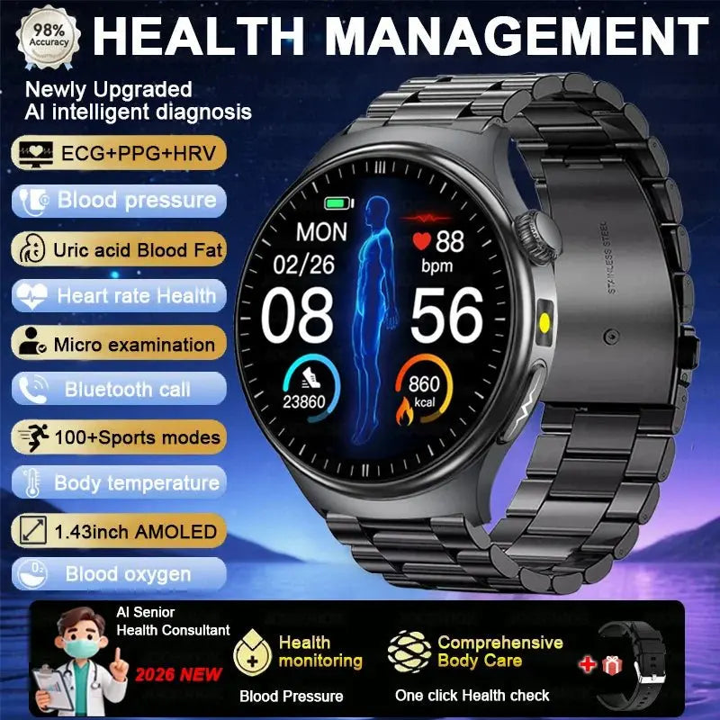 2026 Fashion New Expert level Health Smart Watch Men ECG+PPG Laser Monitor Uric Acid Blood Fat Blood Pressure HD Call Smartwatch - HONORABLE VETERANS SOLUTIONS