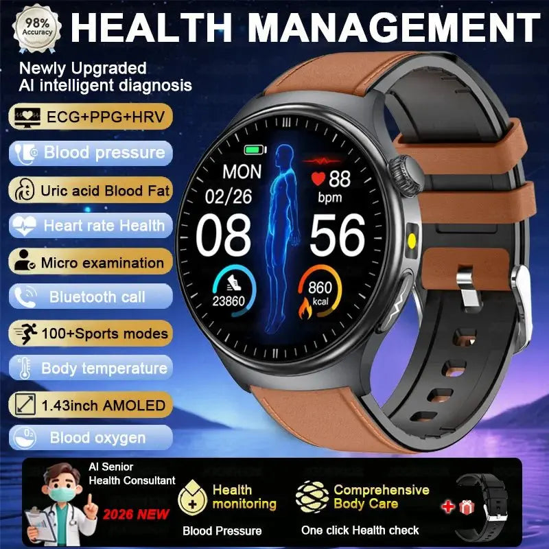 2026 Fashion New Expert level Health Smart Watch Men ECG+PPG Laser Monitor Uric Acid Blood Fat Blood Pressure HD Call Smartwatch - HONORABLE VETERANS SOLUTIONS
