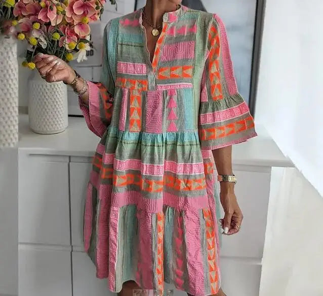 Printed V-neck seven quarter sleeve dress