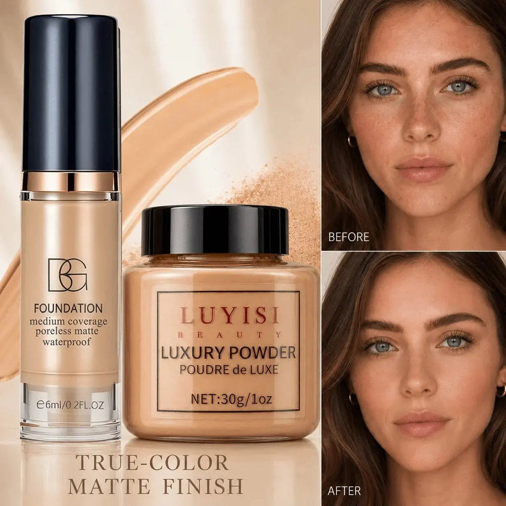 Facial Makeup Set:1pc Matte Loose Powder+1pc Waterproof Fundation,High-Coverage,Long-Lasting,Oil Control,Creat Natural Looks. - HONORABLE VETERANS SOLUTIONS