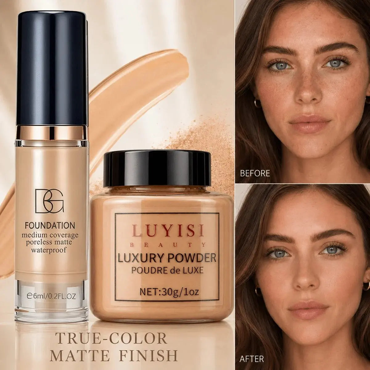 Facial Makeup Set:1pc Matte Loose Powder+1pc Waterproof Fundation,High-Coverage,Long-Lasting,Oil Control,Creat Natural Looks. - HONORABLE VETERANS SOLUTIONS
