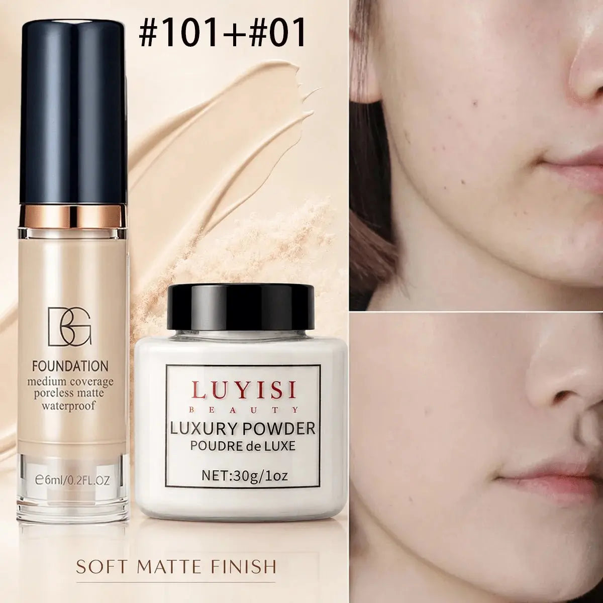 Facial Makeup Set:1pc Matte Loose Powder+1pc Waterproof Fundation,High-Coverage,Long-Lasting,Oil Control,Creat Natural Looks. - HONORABLE VETERANS SOLUTIONS