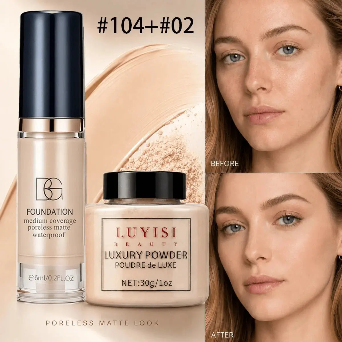 Facial Makeup Set:1pc Matte Loose Powder+1pc Waterproof Fundation,High-Coverage,Long-Lasting,Oil Control,Creat Natural Looks. - HONORABLE VETERANS SOLUTIONS