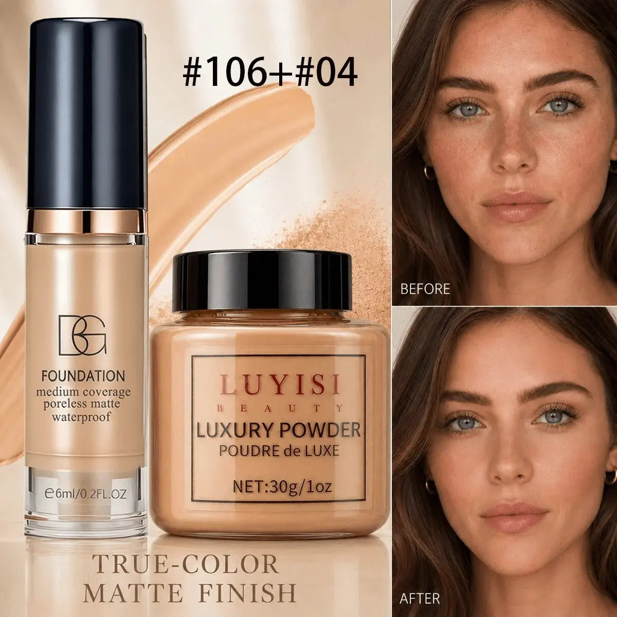 Facial Makeup Set:1pc Matte Loose Powder+1pc Waterproof Fundation,High-Coverage,Long-Lasting,Oil Control,Creat Natural Looks. - HONORABLE VETERANS SOLUTIONS