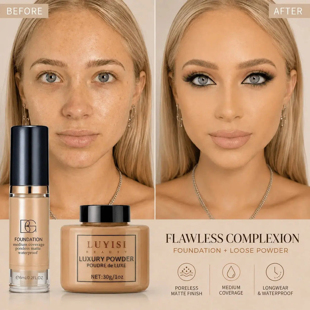 Facial Makeup Set:1pc Matte Loose Powder+1pc Waterproof Fundation,High-Coverage,Long-Lasting,Oil Control,Creat Natural Looks. - HONORABLE VETERANS SOLUTIONS