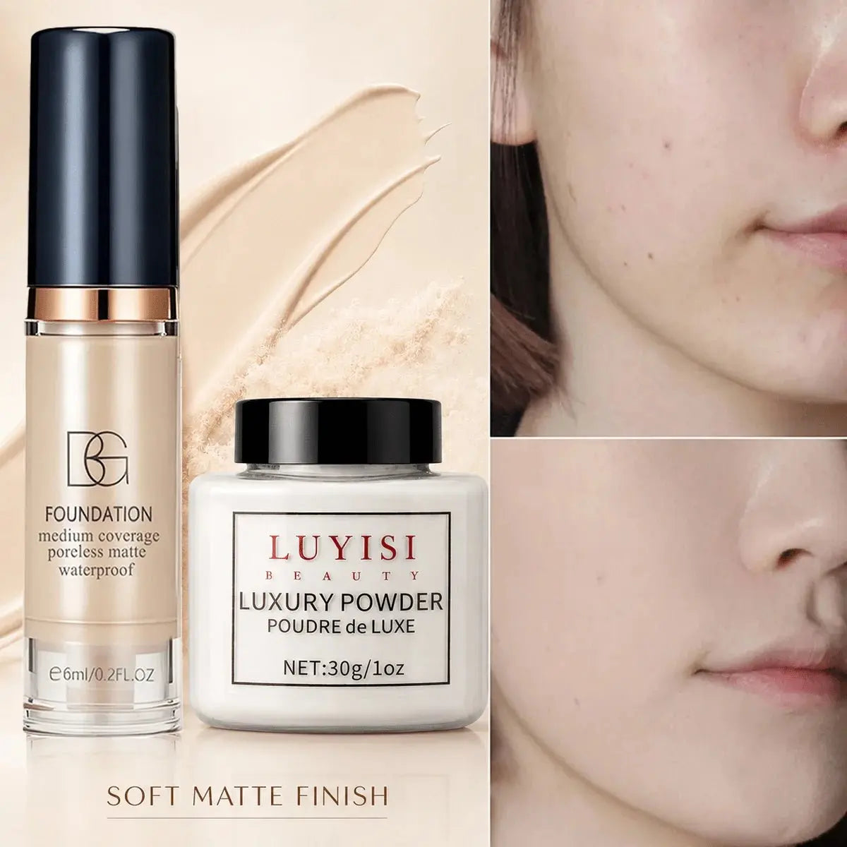 Facial Makeup Set:1pc Matte Loose Powder+1pc Waterproof Fundation,High-Coverage,Long-Lasting,Oil Control,Creat Natural Looks. - HONORABLE VETERANS SOLUTIONS