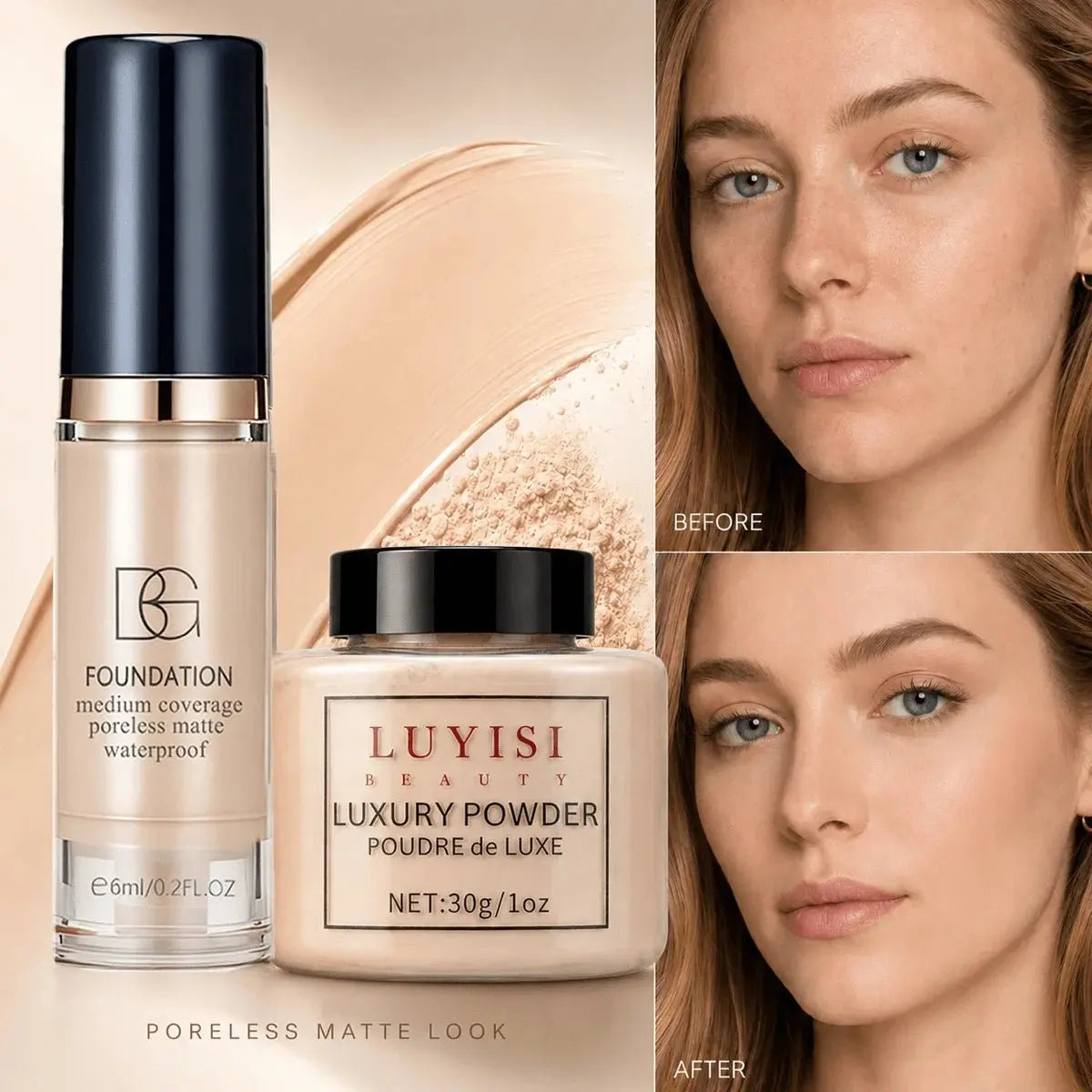 Facial Makeup Set:1pc Matte Loose Powder+1pc Waterproof Fundation,High-Coverage,Long-Lasting,Oil Control,Creat Natural Looks. - HONORABLE VETERANS SOLUTIONS