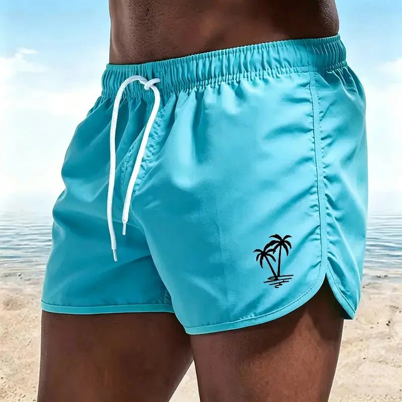 Men's beach pants, casual quick-drying shorts Neon Green Coconut Tree Print Drawstring Swim Trunks Running Sports Shorts-H2 - HONORABLE VETERANS SOLUTIONS