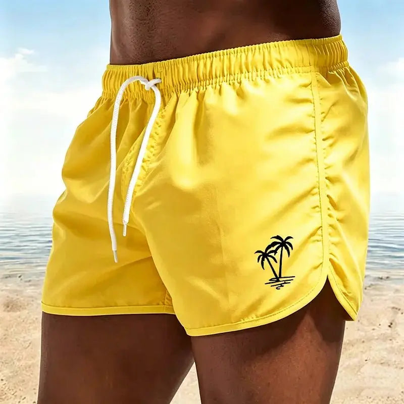 Men's beach pants, casual quick-drying shorts Neon Green Coconut Tree Print Drawstring Swim Trunks Running Sports Shorts-H2 - HONORABLE VETERANS SOLUTIONS