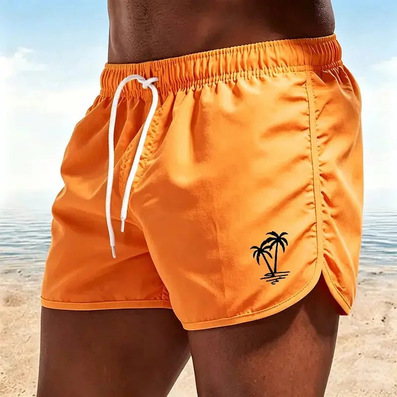 Men's beach pants, casual quick-drying shorts Neon Green Coconut Tree Print Drawstring Swim Trunks Running Sports Shorts-H2 - HONORABLE VETERANS SOLUTIONS