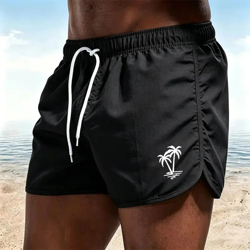 Men's beach pants, casual quick-drying shorts Neon Green Coconut Tree Print Drawstring Swim Trunks Running Sports Shorts-H2 - HONORABLE VETERANS SOLUTIONS