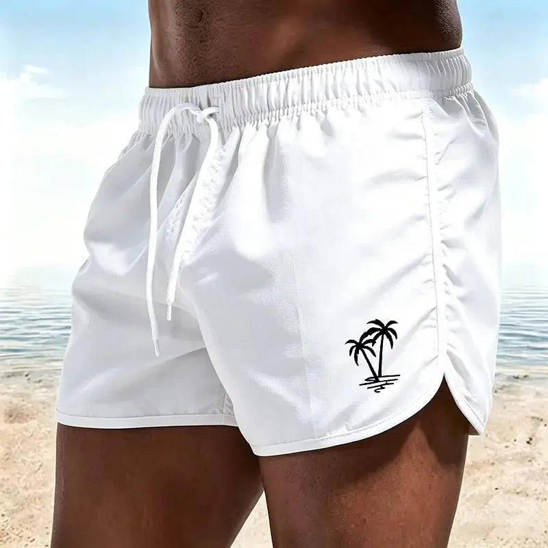 Men's beach pants, casual quick-drying shorts Neon Green Coconut Tree Print Drawstring Swim Trunks Running Sports Shorts-H2 - HONORABLE VETERANS SOLUTIONS
