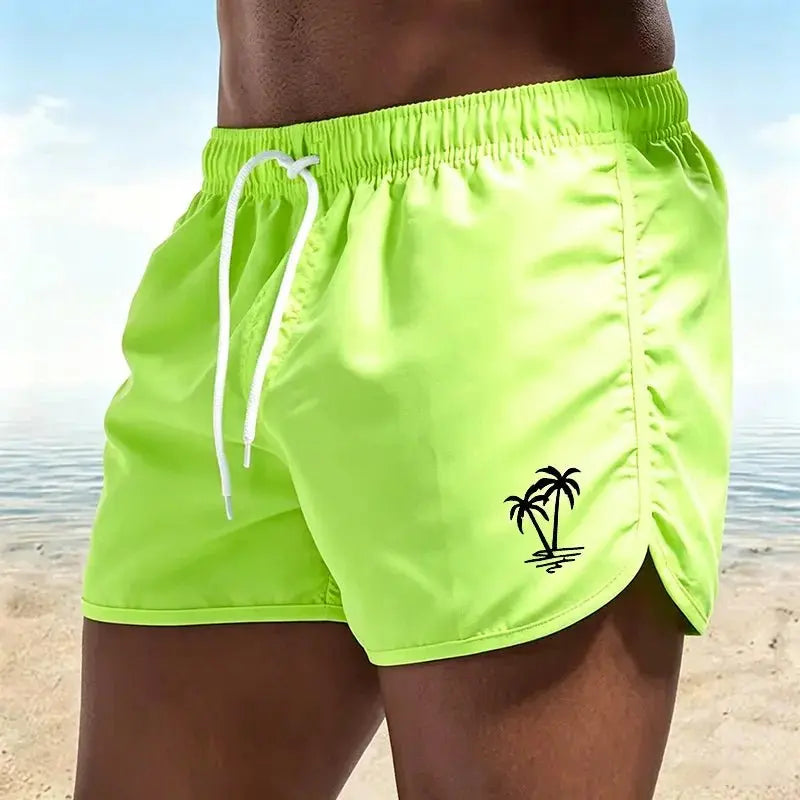 Men's beach pants, casual quick-drying shorts Neon Green Coconut Tree Print Drawstring Swim Trunks Running Sports Shorts-H2 - HONORABLE VETERANS SOLUTIONS