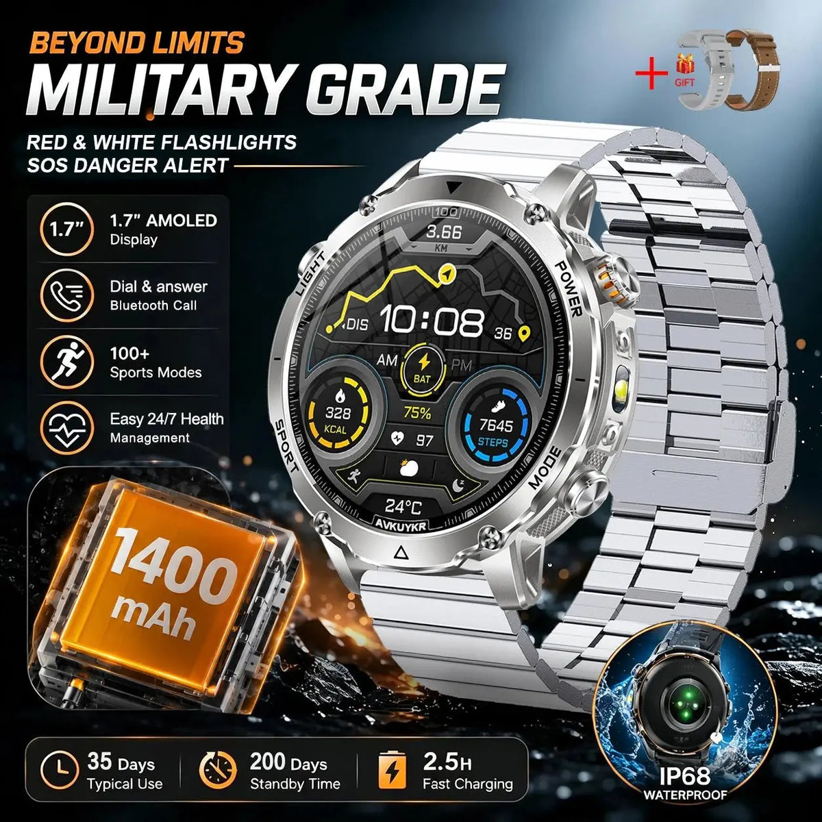 New 1400mAh Big Battery Smart Watch Men Outdoor GPS Flashlight IP68 Waterproof Bluetooth Call AMOLED Military Sports Smartwatch - HONORABLE VETERANS SOLUTIONS