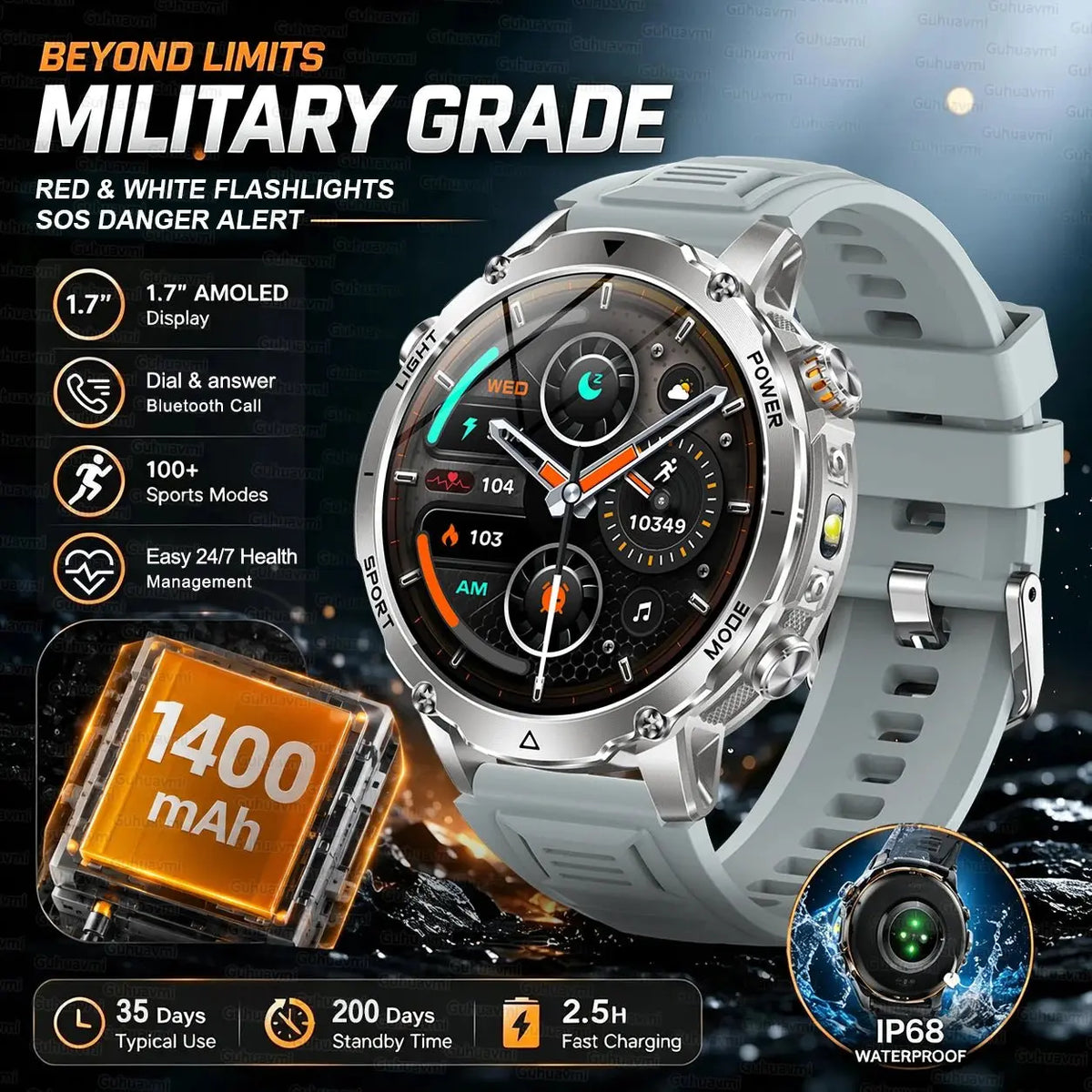 New 1400mAh Big Battery Smart Watch Men Outdoor GPS Flashlight IP68 Waterproof Bluetooth Call AMOLED Military Sports Smartwatch - HONORABLE VETERANS SOLUTIONS