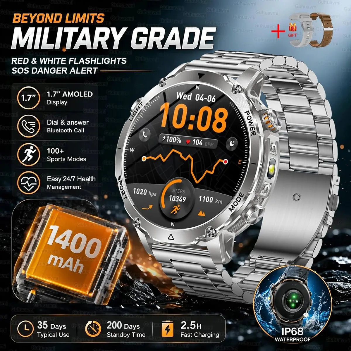 New 1400mAh Big Battery Smart Watch Men Outdoor GPS Flashlight IP68 Waterproof Bluetooth Call AMOLED Military Sports Smartwatch - HONORABLE VETERANS SOLUTIONS