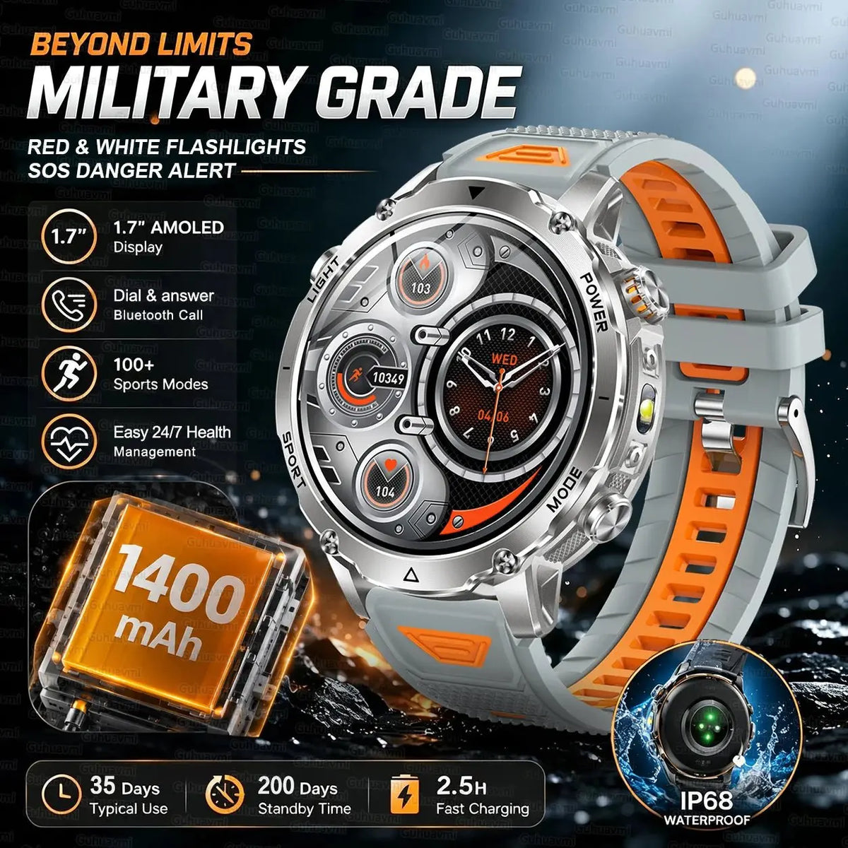 New 1400mAh Big Battery Smart Watch Men Outdoor GPS Flashlight IP68 Waterproof Bluetooth Call AMOLED Military Sports Smartwatch - HONORABLE VETERANS SOLUTIONS