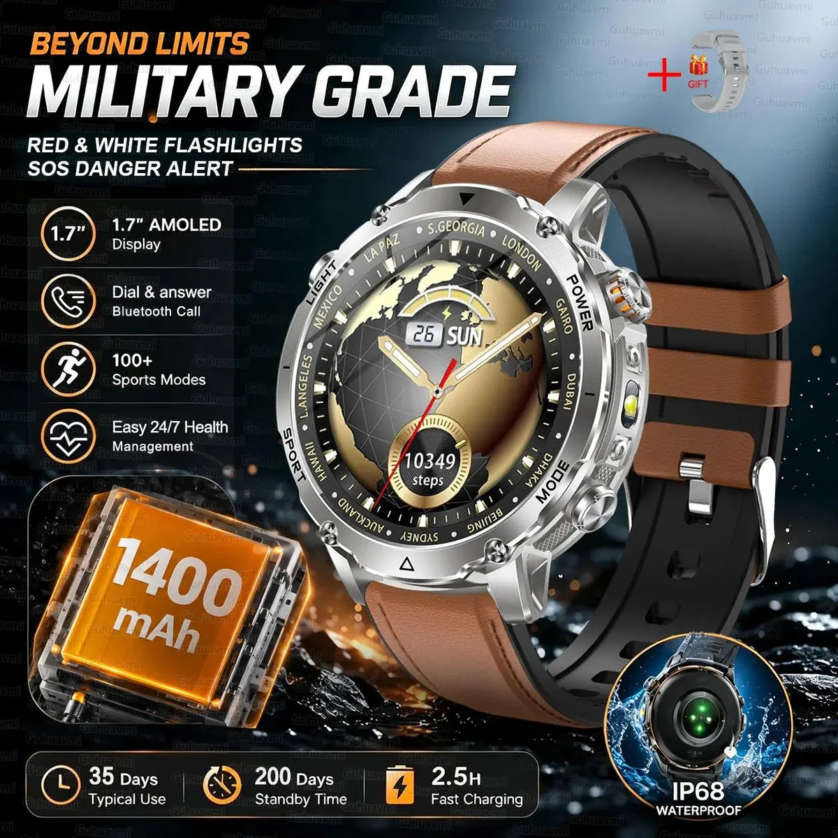 New 1400mAh Big Battery Smart Watch Men Outdoor GPS Flashlight IP68 Waterproof Bluetooth Call AMOLED Military Sports Smartwatch - HONORABLE VETERANS SOLUTIONS