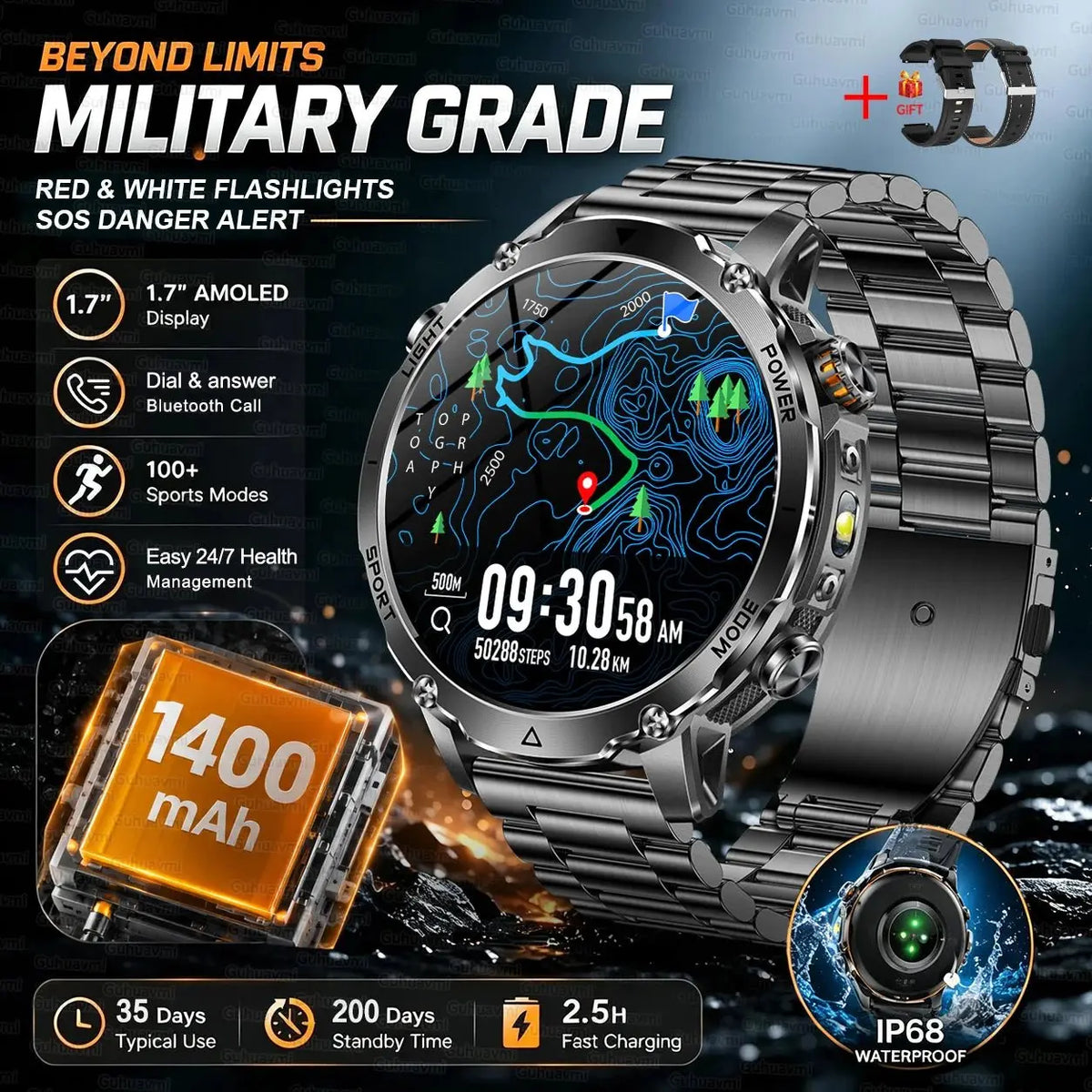 New 1400mAh Big Battery Smart Watch Men Outdoor GPS Flashlight IP68 Waterproof Bluetooth Call AMOLED Military Sports Smartwatch - HONORABLE VETERANS SOLUTIONS