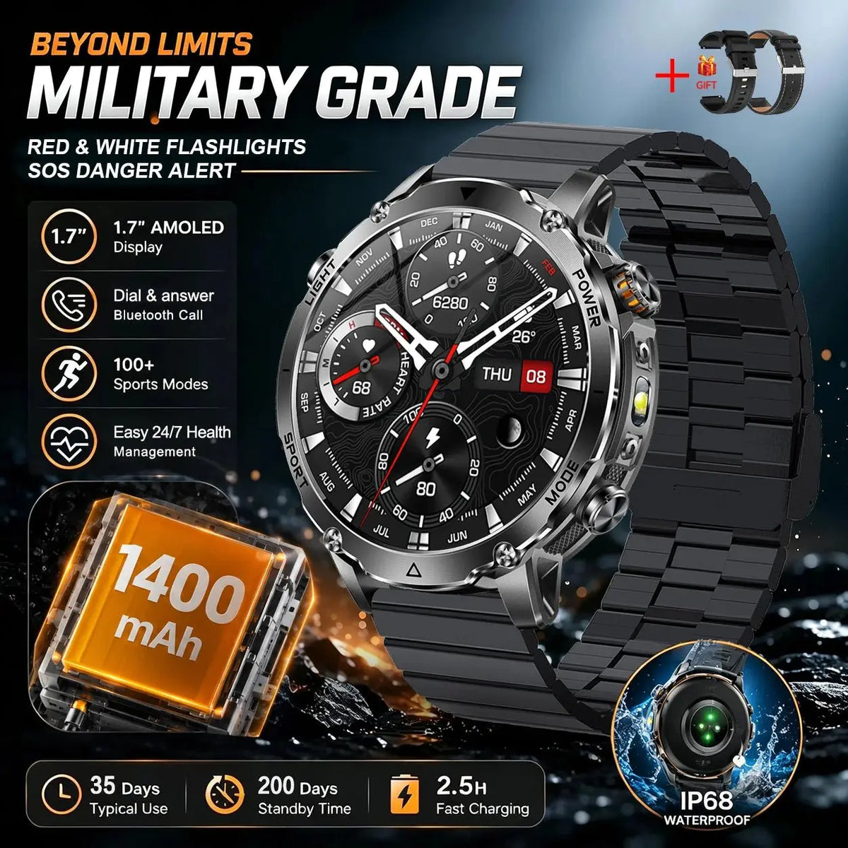 New 1400mAh Big Battery Smart Watch Men Outdoor GPS Flashlight IP68 Waterproof Bluetooth Call AMOLED Military Sports Smartwatch - HONORABLE VETERANS SOLUTIONS