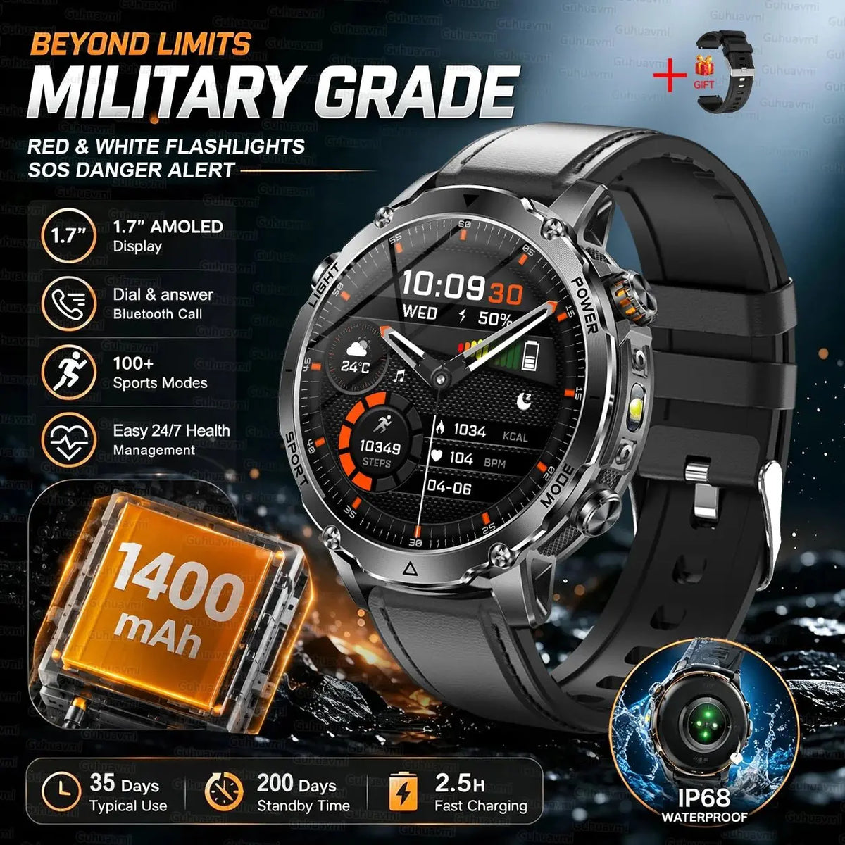 New 1400mAh Big Battery Smart Watch Men Outdoor GPS Flashlight IP68 Waterproof Bluetooth Call AMOLED Military Sports Smartwatch - HONORABLE VETERANS SOLUTIONS