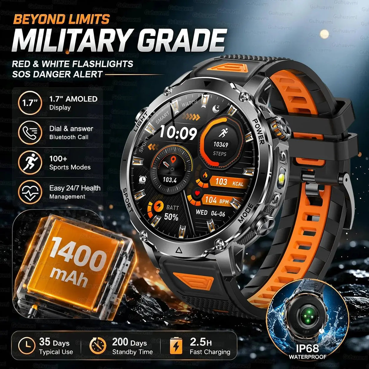 New 1400mAh Big Battery Smart Watch Men Outdoor GPS Flashlight IP68 Waterproof Bluetooth Call AMOLED Military Sports Smartwatch - HONORABLE VETERANS SOLUTIONS