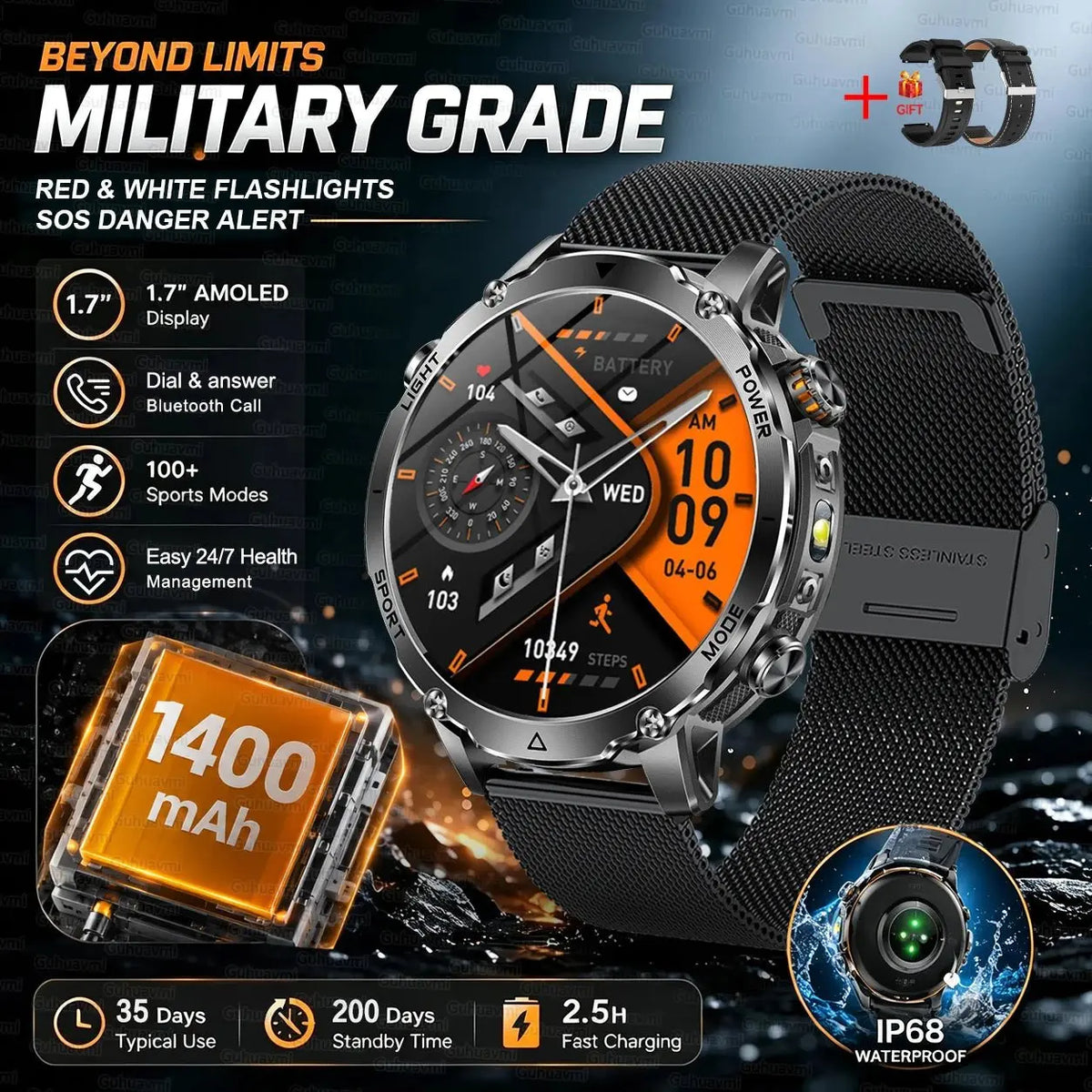 New 1400mAh Big Battery Smart Watch Men Outdoor GPS Flashlight IP68 Waterproof Bluetooth Call AMOLED Military Sports Smartwatch - HONORABLE VETERANS SOLUTIONS