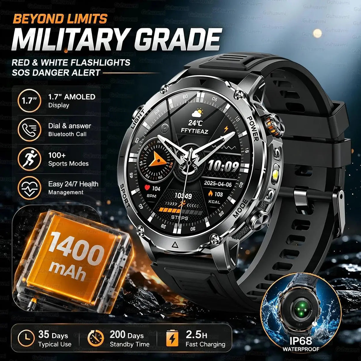New 1400mAh Big Battery Smart Watch Men Outdoor GPS Flashlight IP68 Waterproof Bluetooth Call AMOLED Military Sports Smartwatch - HONORABLE VETERANS SOLUTIONS