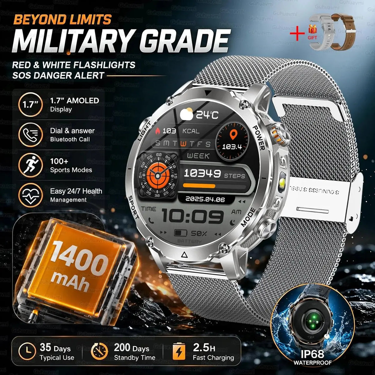 New 1400mAh Big Battery Smart Watch Men Outdoor GPS Flashlight IP68 Waterproof Bluetooth Call AMOLED Military Sports Smartwatch - HONORABLE VETERANS SOLUTIONS