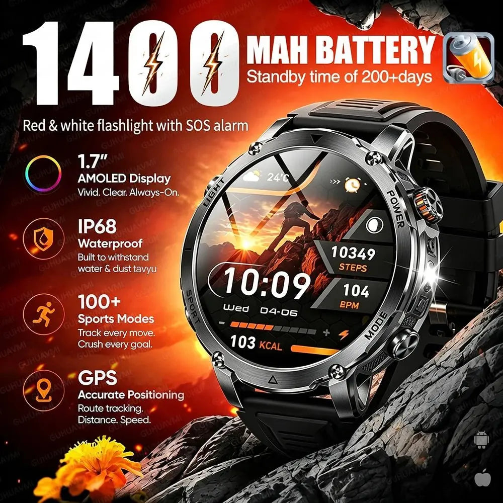 New 1400mAh Big Battery Smart Watch Men Outdoor GPS Flashlight IP68 Waterproof Bluetooth Call AMOLED Military Sports Smartwatch - HONORABLE VETERANS SOLUTIONS
