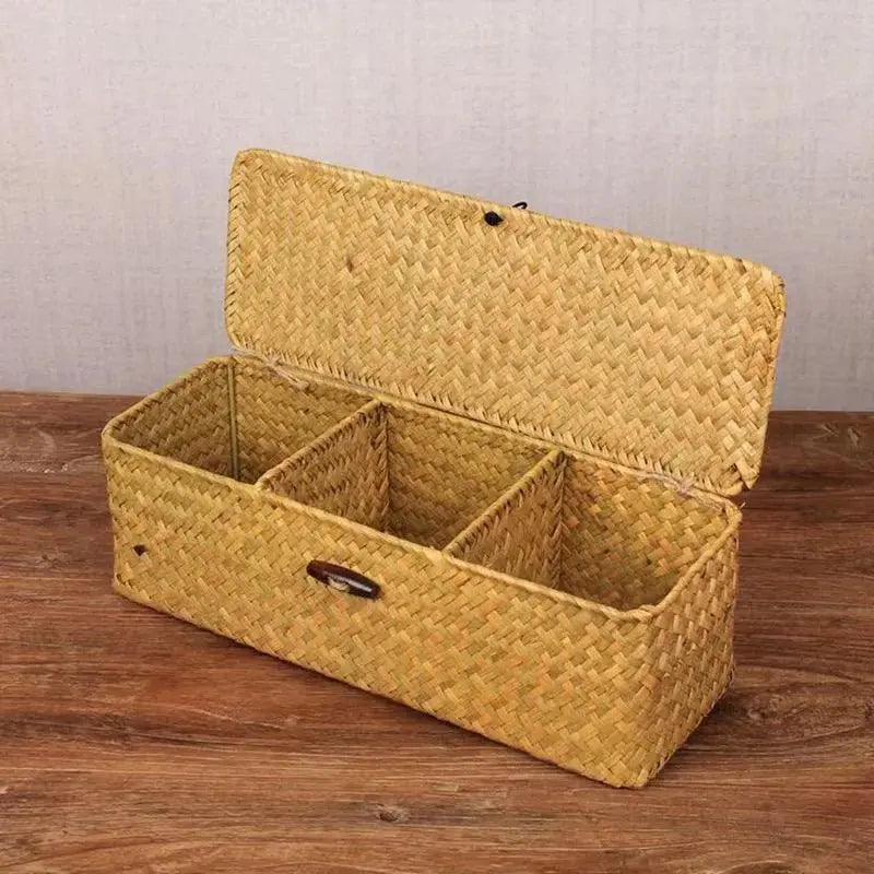 Partitioned Storage Box, Handcrafted Woven Storage Basket, Rectangular Vintage Shelf, for Home Organization Storage Containers - HONORABLE VETERANS SOLUTIONS
