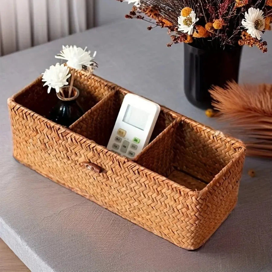 Partitioned Storage Box, Handcrafted Woven Storage Basket, Rectangular Vintage Shelf, for Home Organization Storage Containers - HONORABLE VETERANS SOLUTIONS