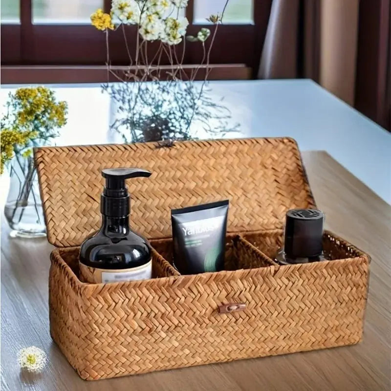 Partitioned Storage Box, Handcrafted Woven Storage Basket, Rectangular Vintage Shelf, for Home Organization Storage Containers - HONORABLE VETERANS SOLUTIONS
