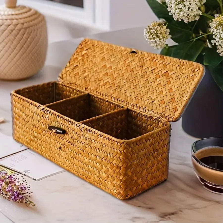Partitioned Storage Box, Handcrafted Woven Storage Basket, Rectangular Vintage Shelf, for Home Organization Storage Containers - HONORABLE VETERANS SOLUTIONS
