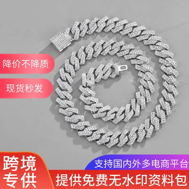 Xindi European and American Popular Men's Necklace 15mm Exaggerated Diamond Geometric Trendy Hip-Hop Jewelry Large Gold Chain Necklace - HONORABLE VETERANS SOLUTIONS